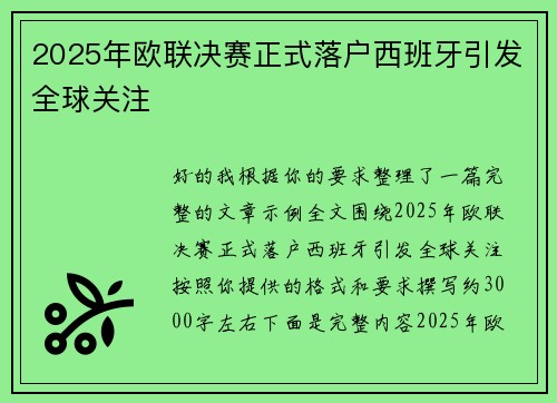 2025年欧联决赛正式落户西班牙引发全球关注