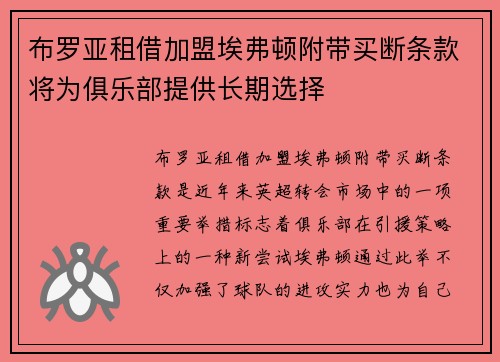 布罗亚租借加盟埃弗顿附带买断条款将为俱乐部提供长期选择